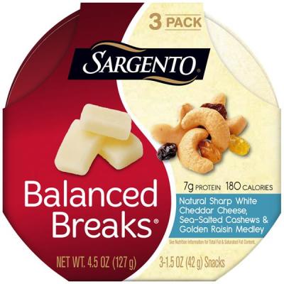 Sargento Balanced Breaks Natural Sharp White Cheddar Cheese, Cashews, & Golden Raisin Medley Snack 3 Count